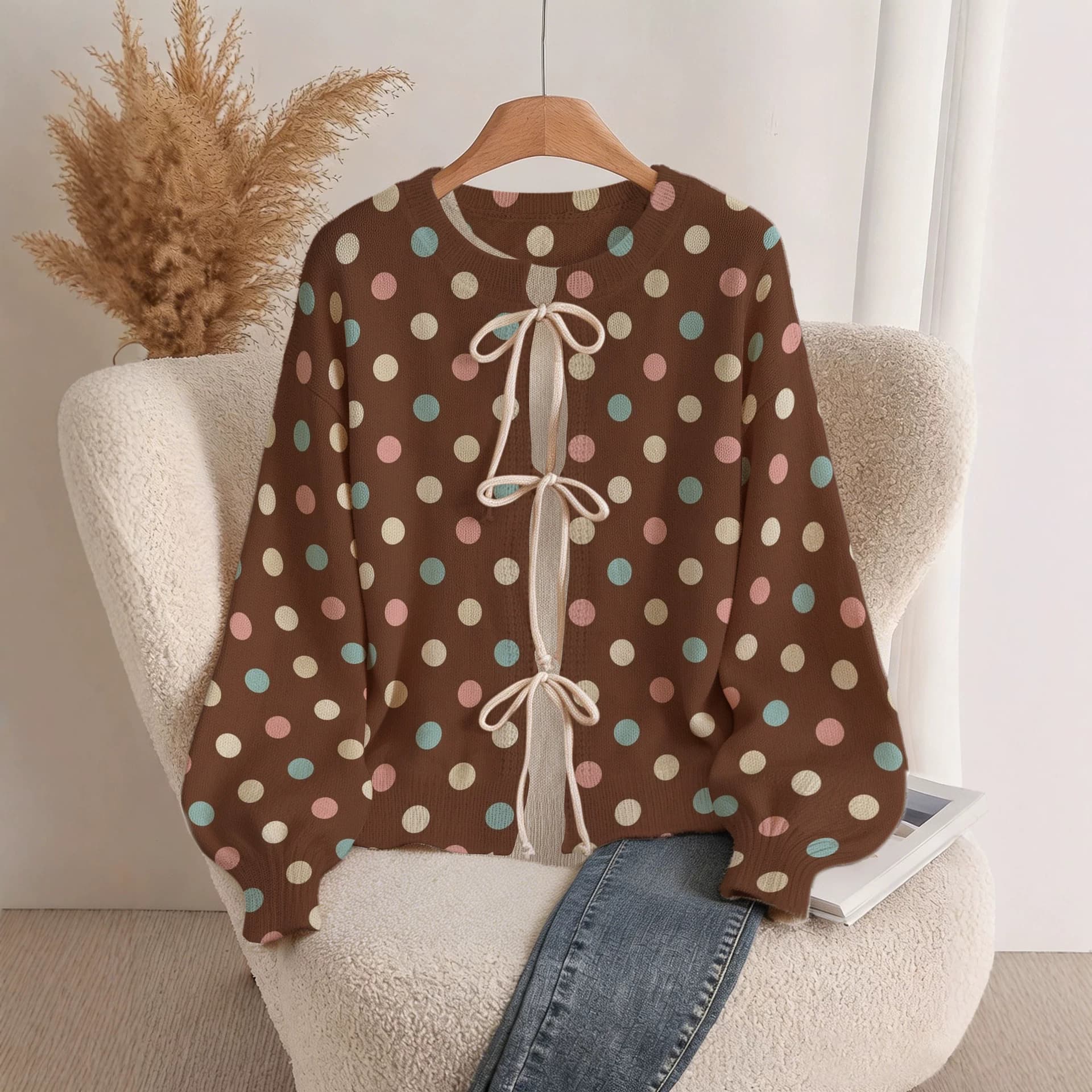 2026 Spring/Summer New Retro Colorful Polka Dot Tie Knit Sweater Women Loose Casual Round Neck Cardigan Wholesale