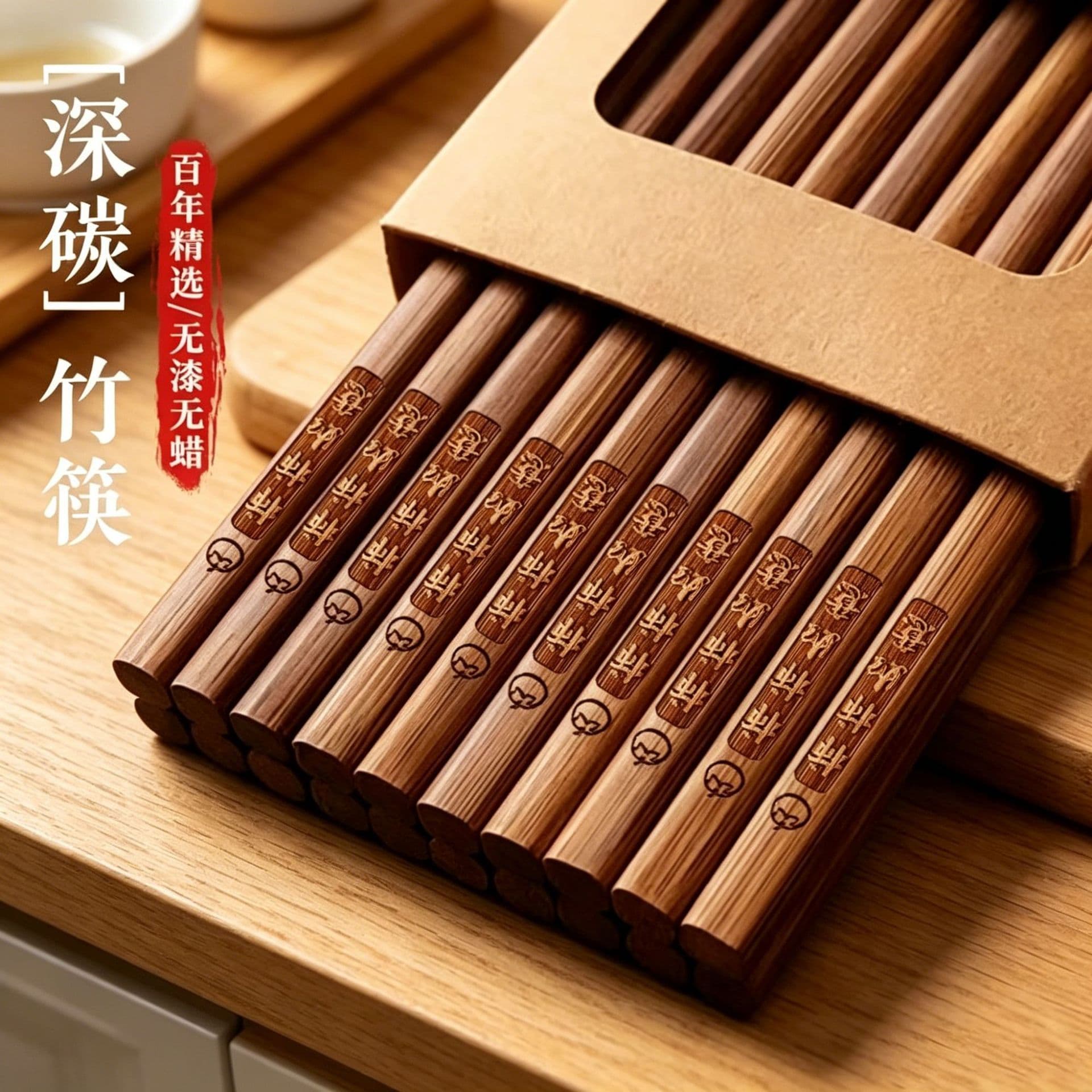 Premium Carbonized Nanmu Bamboo Chopsticks for Home Use, 10-Pack, No Paint, No Wax, Mildew-Resistant, Deep Carbonized Bamboo Chopsticks, Persimmon Auspicious Design
