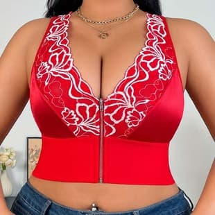 New Plus Size Sexy Babe Lingerie, European and American Embroidery Zipper Deep V Low Cut Push Up Bra for Women