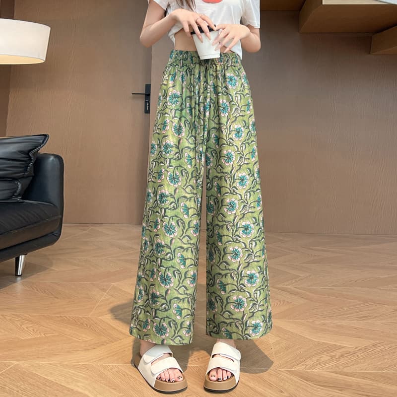 Ice silk printed wide-leg pants for women in summer thin high-waisted loose-fitting walking pants nine-point casual leopard print straight pants