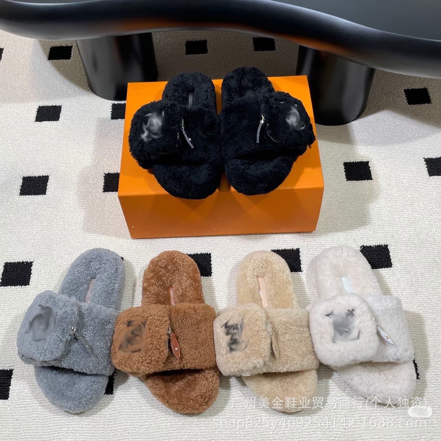 Luxury Women's Shoes~Toe One-Strap Slippers Zipper Fashion Fluffy Slippers 25 Autumn Winter Women's Slippers Export Exclusive Women's Shoes