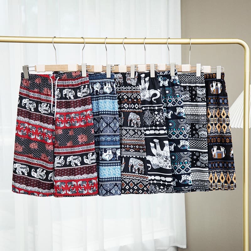 Thai Elephant Pants for Women, Ethnic Style Loose Wide-Leg Beach Pants, Home Leisure Trendy Five-Point Shorts Southeast Asia