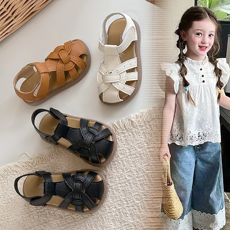 Soft Sole 2026 Fashionable Hollow Anti-Slip New Girls Woven Sandals Summer Princess Style Closed-Toe Children Beach Shoes
