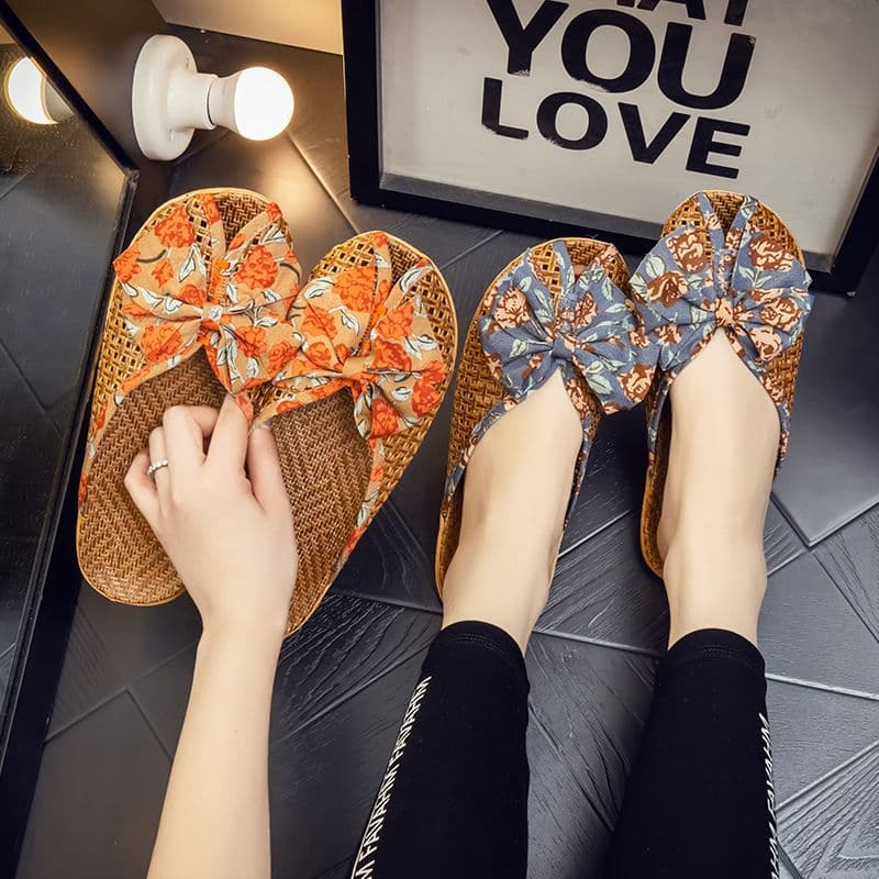 Summer Breathable Linen Woven Bamboo Straw Slippers Women's Korean Style Butterfly Knot Covered Head Home Cooling Slippers