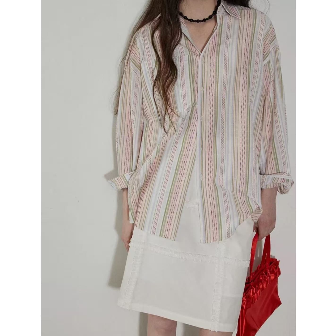 Lofi chose Contrast Color High-End Striped Blouse for Women Autumn New Loose Fit Slimming Versatile Shirt