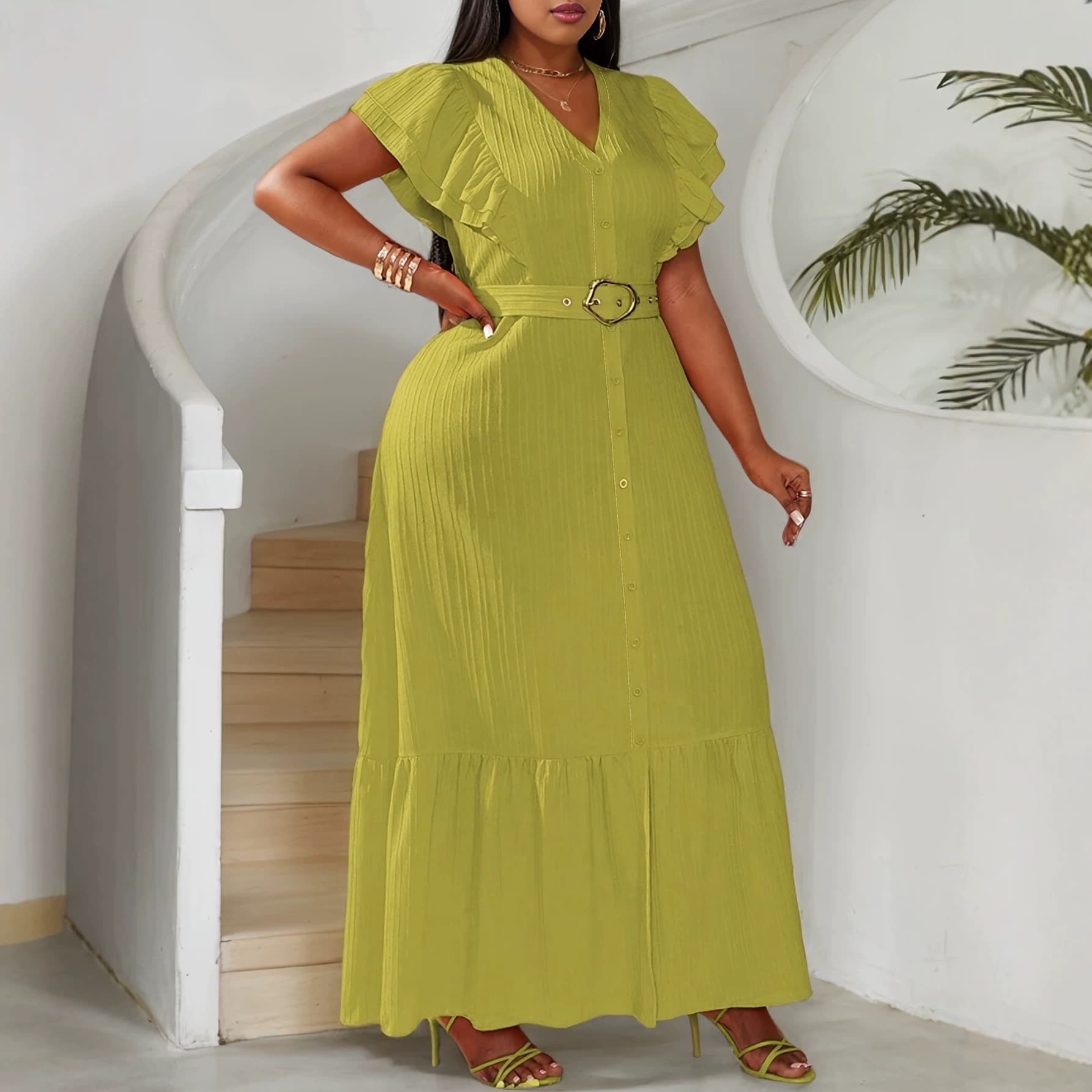 Cross-border foreign trade European and American large size 2026 new summer style elegant flying sleeves mid-length slit dress