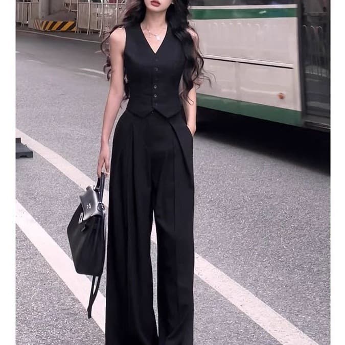 Black small fragrant style suit vest vest women's suit summer thin style sleeveless top casual pants