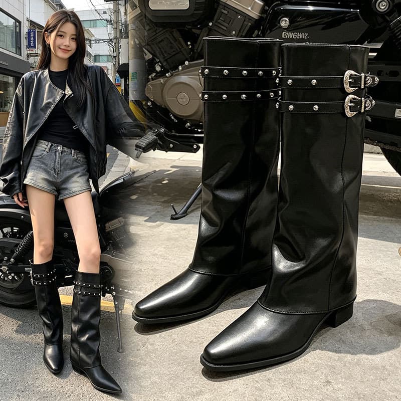 2026 Motorcycle Style Retro Studded Biker Boots Slim Boots Stacked Boots Long Boots for Petite Women Bootcut Boots