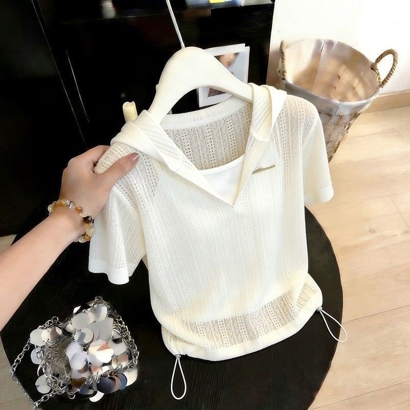 Summer Ice Silk Knitted Hoodie for Women, Hollow-Out Design Top T-Shirt, Drawstring Waist-Tightening, Slimming Sun Protection Cover-Up