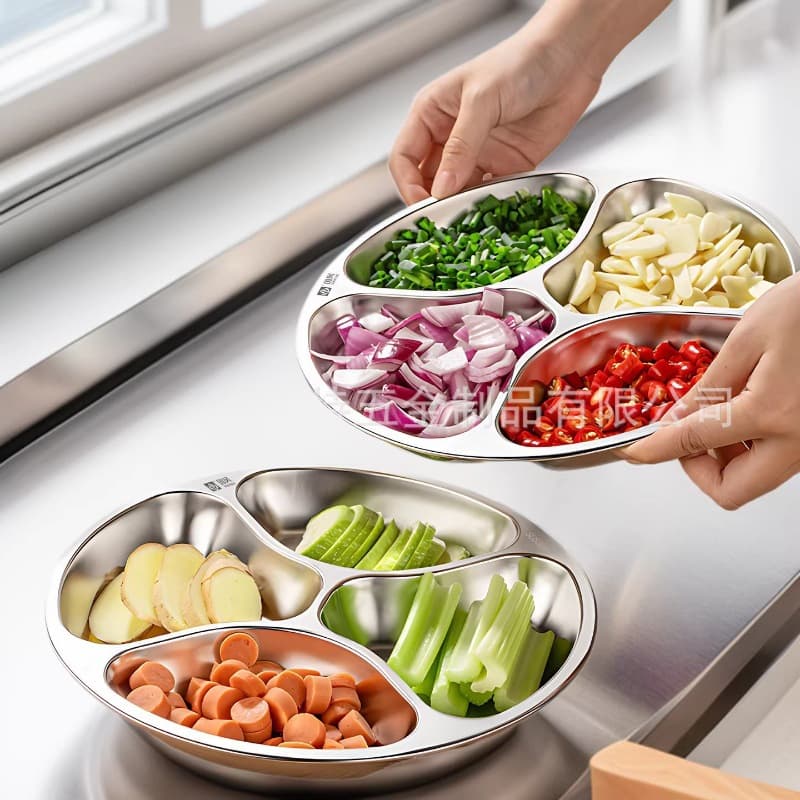 304 Stainless Steel Round 4-Compartment Prep Plate, Kitchen Ginger Garlic Seasoning Tray, Multi-Purpose Creative Serving Dish