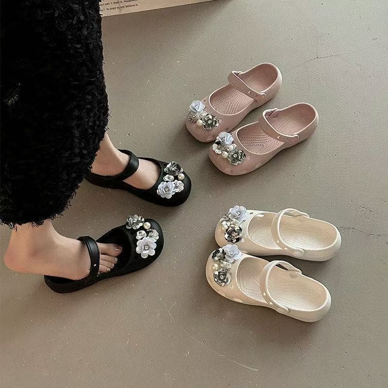 Flower Ballet Clog Sandals for Women 2026 Cute Style Thick Soft Non-Slip Slide-On Beach Toe-Cover Slippers