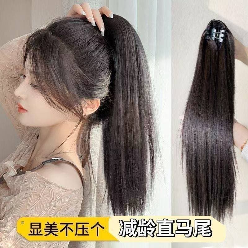 Clip-on Straight Ponytail for Women, One-piece Clip-in Realistic Hair, Korean-style Straight Ponytail High Low Ponytail Seamless Braid