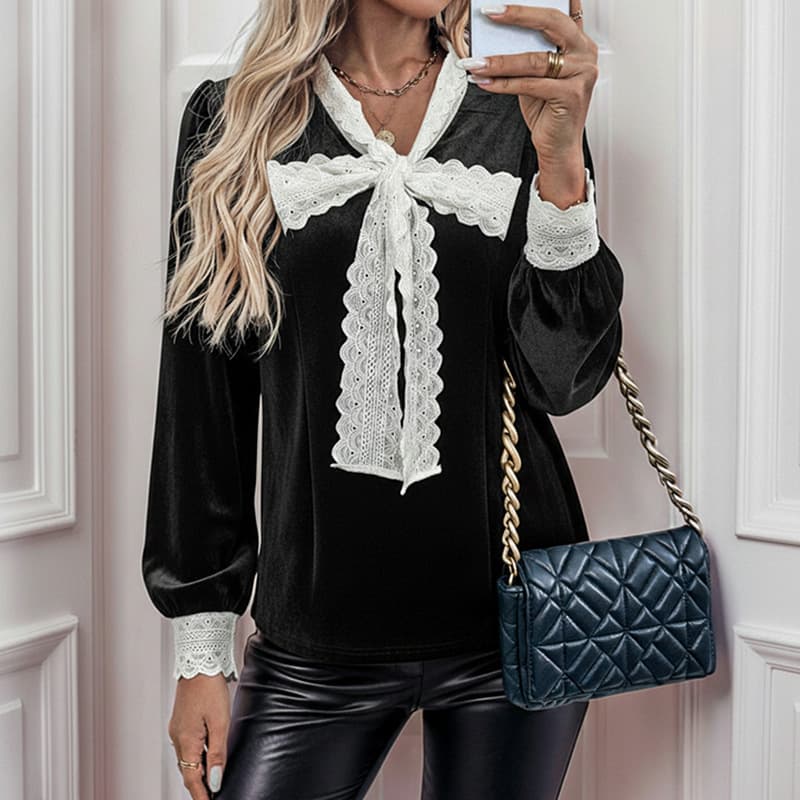 TikTok 2026 Fall/Winter New Light Mature Commute Style Velvet Lace Bow V-Neck Long Sleeve Blouse Women