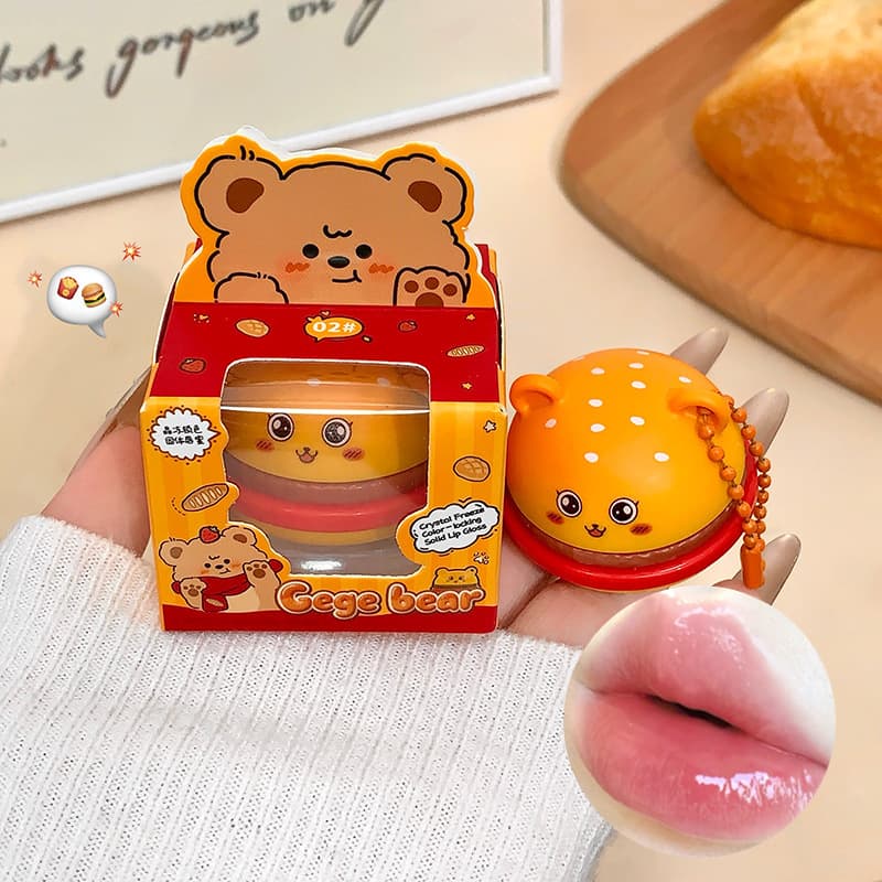 Cross-border Gege bear Crystal Lock Color Solid Lip Gloss Cute Bear Burger Korean-style Mirror Affordable Cosmetics
