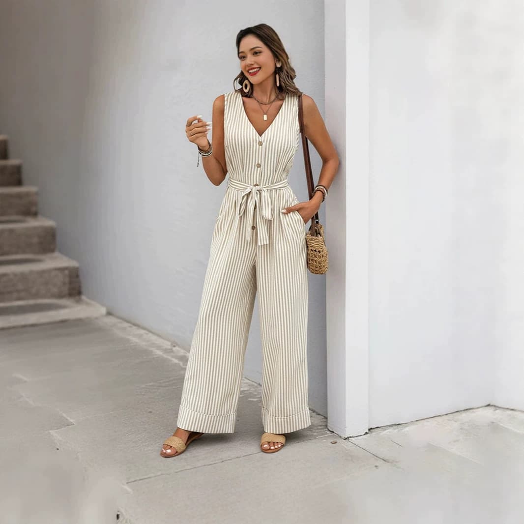 Foreign trade women's European and American style summer new striped lace-up jumpsuit casual commuting V-neck wide-leg pants cross-border