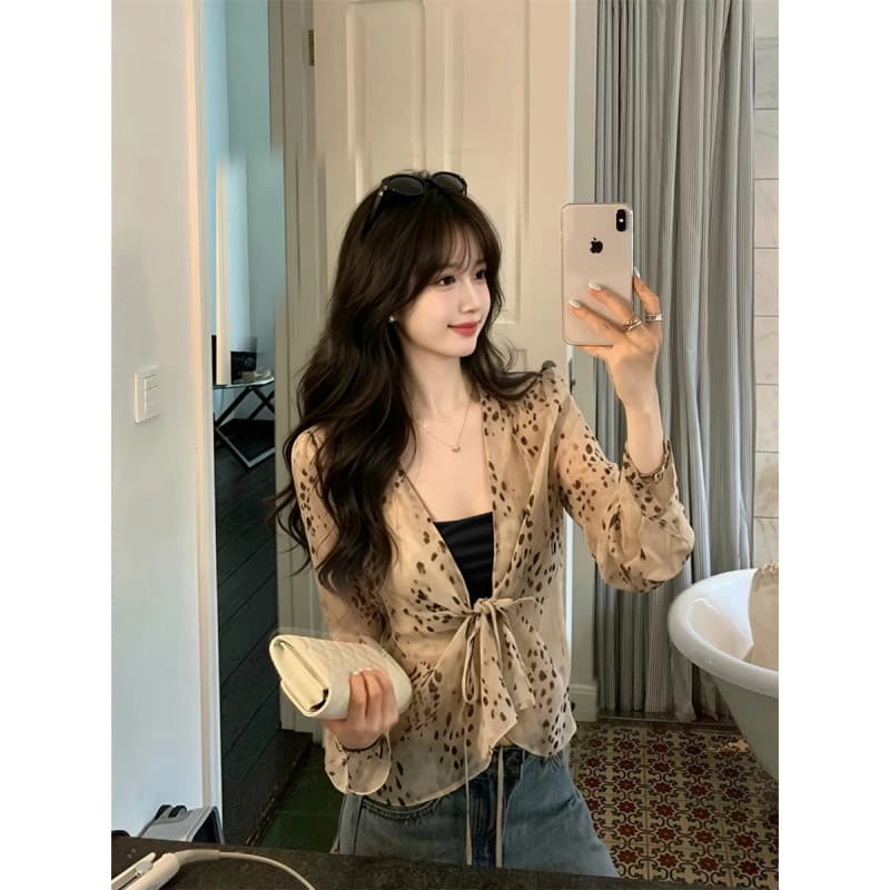 Sexy Hot Girl Leopard Print Collar Chiffon Top Breathable Tie Cape Cover-Up Padded Camisole 2-Piece Set Women Top