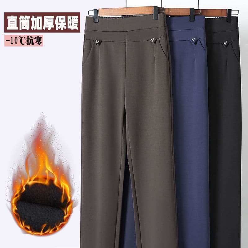 Autumn and Winter High-Waist Pants for Mothers, Loose Straight-Leg Casual Trousers for Middle-Aged and Elderly Women, Fleece-Lined Thick Long Pants
