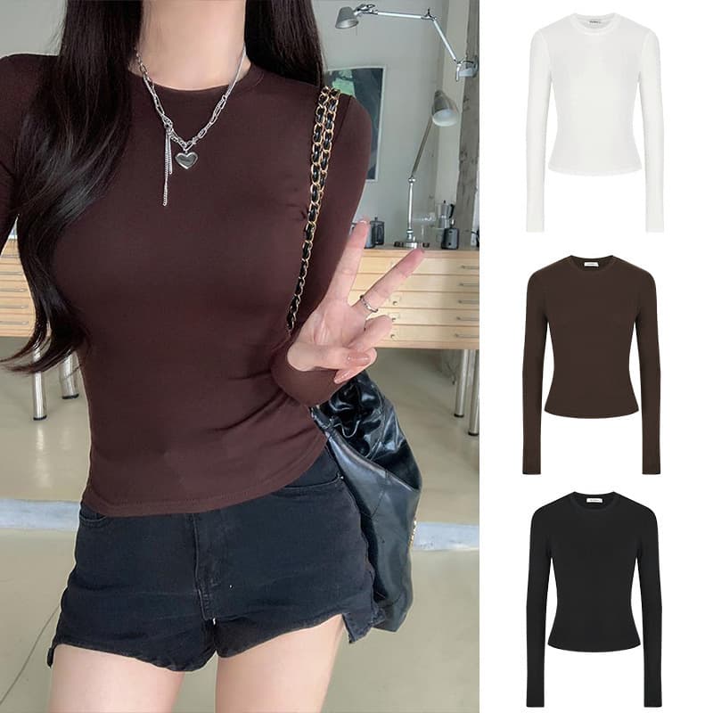 2025 New Hot Girl Pinch-Waist Long-Sleeved T-Shirt Women's Spring and Autumn Solid Color Slim Fit Versatile Bottoming Shirt Top Hot Products