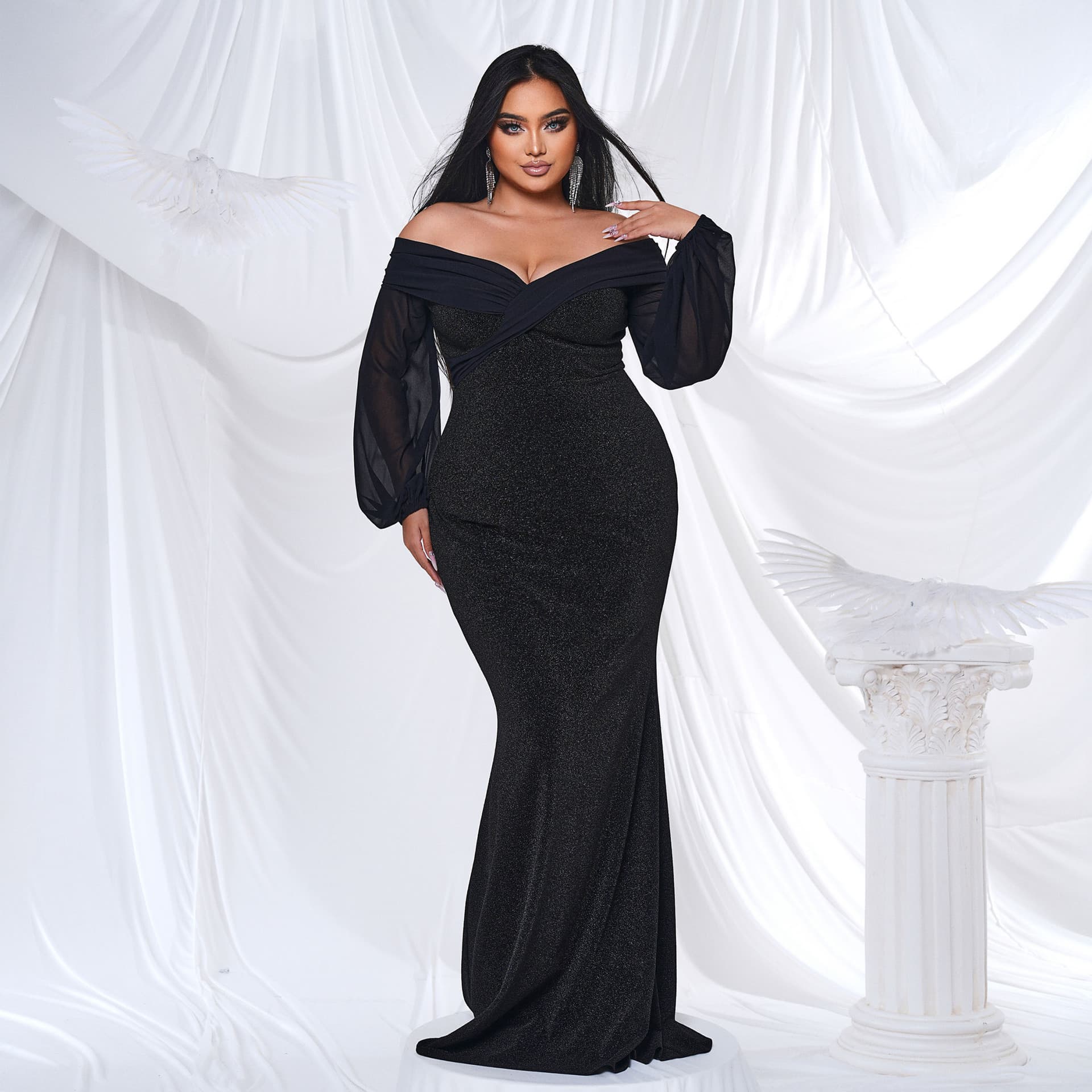 Cross-border foreign trade European and American plus-size women's long-sleeved V-neck banquet sexy hip-hugging fishtail evening dress