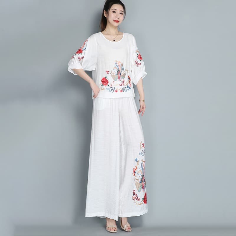 Mid-Sleeve Shirt and Wide-Leg Pants Set, Short-Sleeve Long Pants for Women, 2026 Summer New Style, Cool Five-Quarter Sleeve Top for Women
