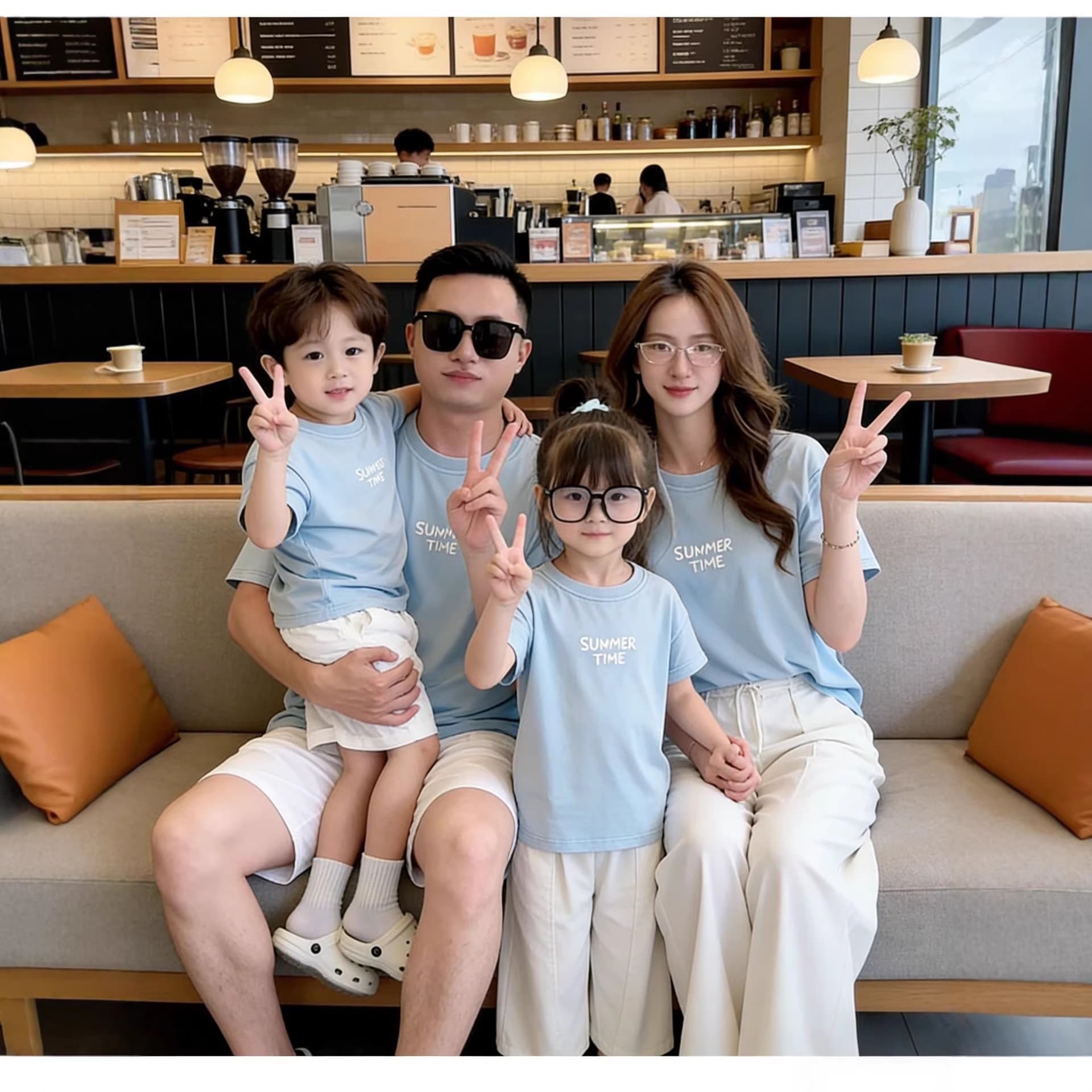 High-end parent-child wear 2026 new light blue bear print family wear loose casual family suit parent-child wear