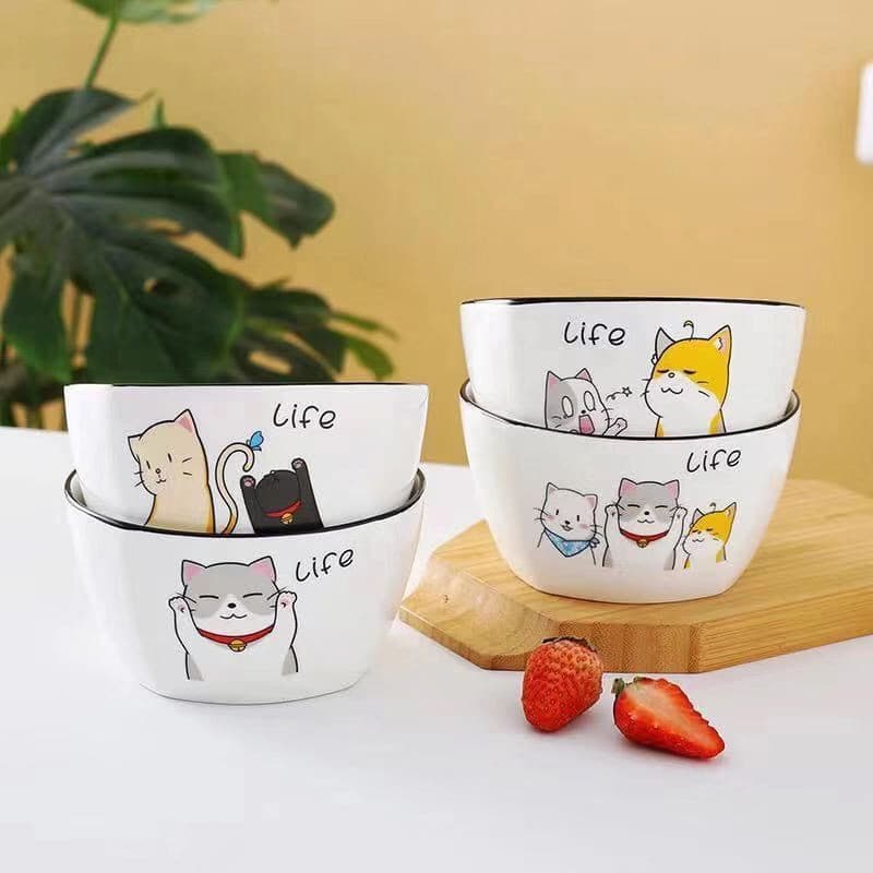 Stylish Square Bowl Cute Kitten Ceramic Bowl Nordic Style 4.5-Inch Square Bowl Household Rice Bowl Noodle Bowl Round Bowl