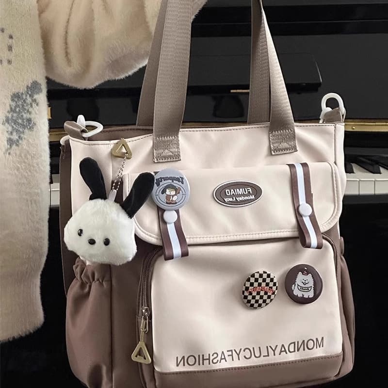 Japanese Ins Contrast Color Student Tote Bag, Canvas Junior High School Large Capacity Class Bag for Women, Crossbody Bag