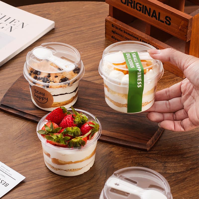 Disposable Round Mousse Cake Cup with Spoon Tiramisu Box Double Skin Milk Wood Shaving Pudding Yogurt Baking Packaging