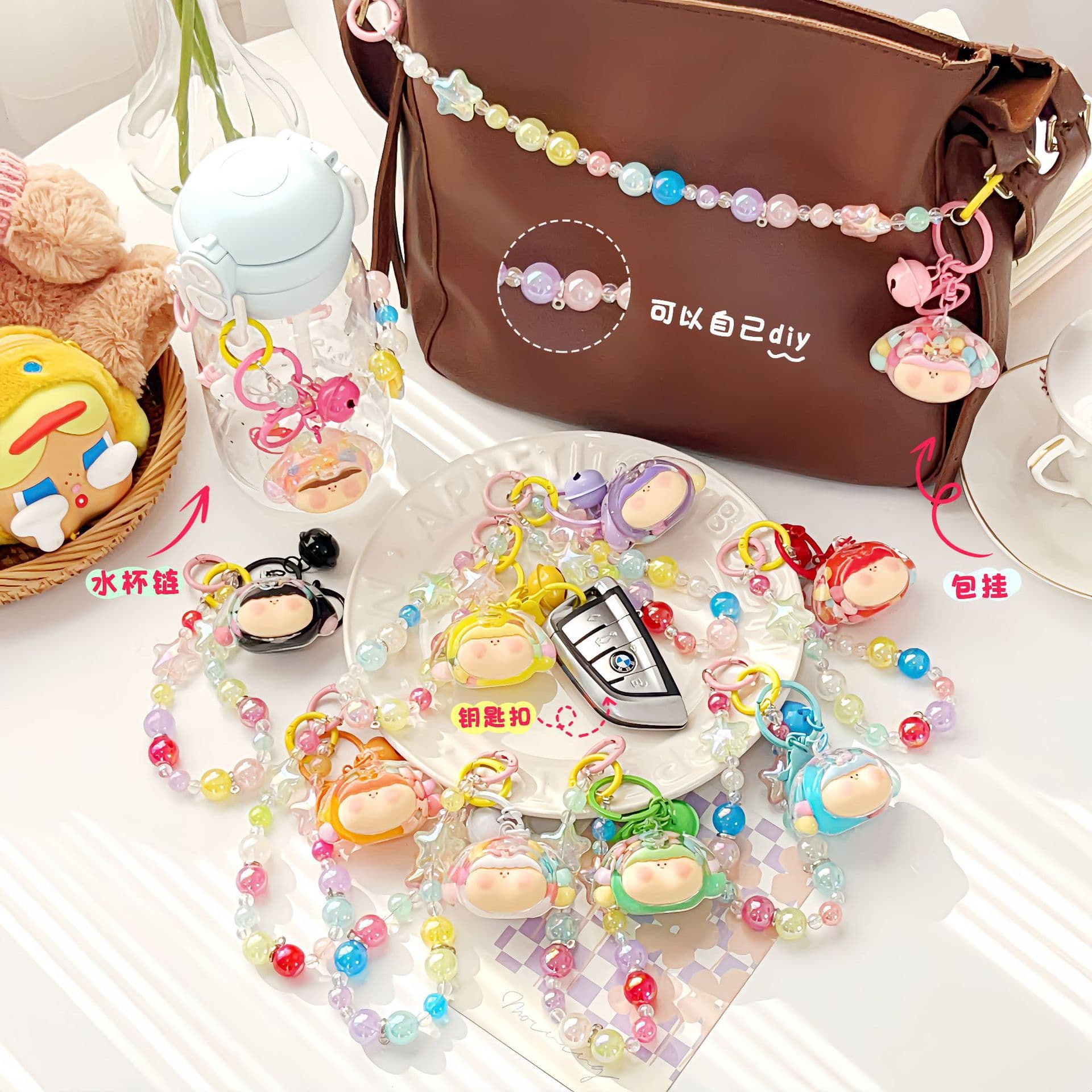 Hand-painted Beaded Ins Phone Lanyard Anti-lost Strap Keychain Bag Phone Pendant DIY Plush Toy Hanging Ornament New Style