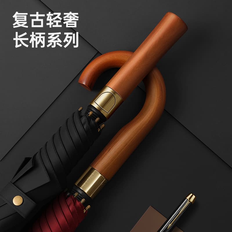 8-Rib 27-Inch Bronze Wood Handle Golf Umbrella, Reinforced Long Handle Business Advertising Gift Umbrella, Custom Logo