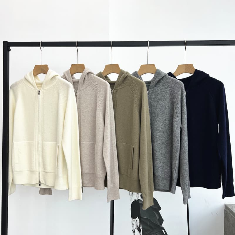 LP new product 25 autumn/winter women's hooded cardigan zip raglan sleeve pocket straight cashmere knit sweater jacket
