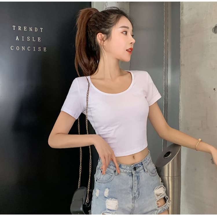 New ins trendy hot girl white short T-shirt short-sleeved tight-fitting navel-waisting right-shoulder slim bottoming shirt top for women