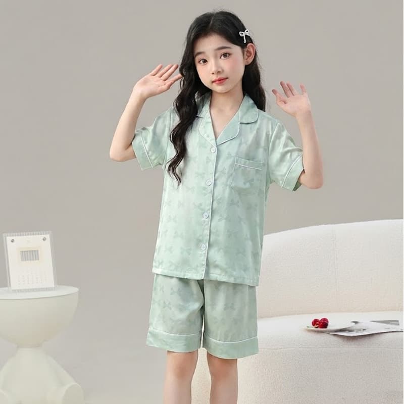 Cross-border Casual Comfortable Ice Silk Jacquard Bowknot Girls' Pajamas Summer