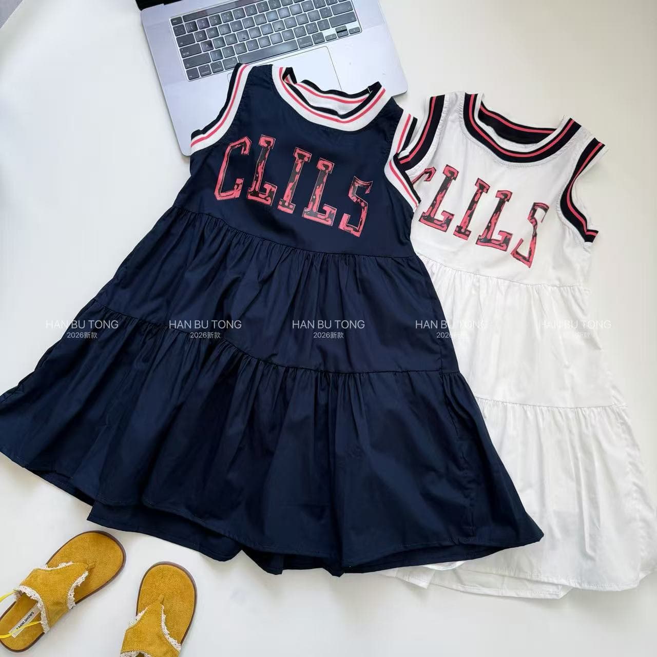 Girls Sports Ribbed Printed Tank Top Dress 2026 Summer Style Medium and Big Children Sleeveless Dress Contrast Letters Mid-Length Skirt
