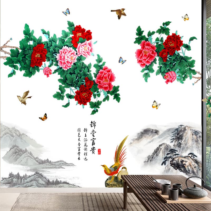 WY9032AB Peacock Peony Wall Sticker Self-Adhesive Living Room Wall Decoration Bedroom Cozy Wallpaper