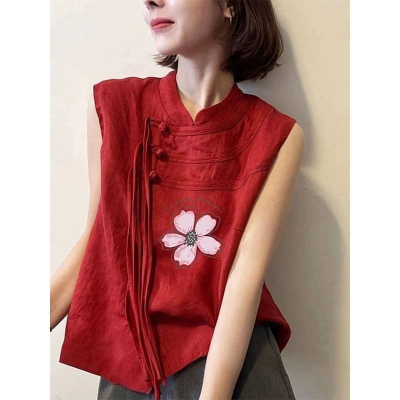 New Chinese style national style great looking design top red round neck plate button sleeveless printed vest for women 2026 summer