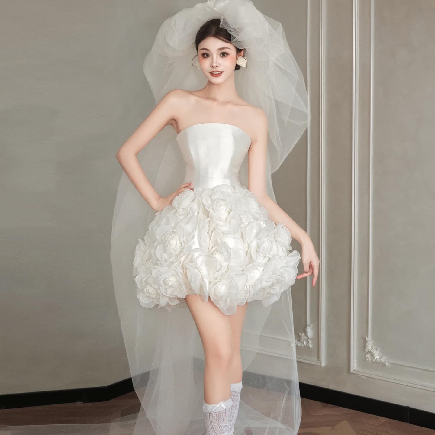 French tube top light wedding dress petite bride short satin floral tutu skirt certificate registration white evening dress