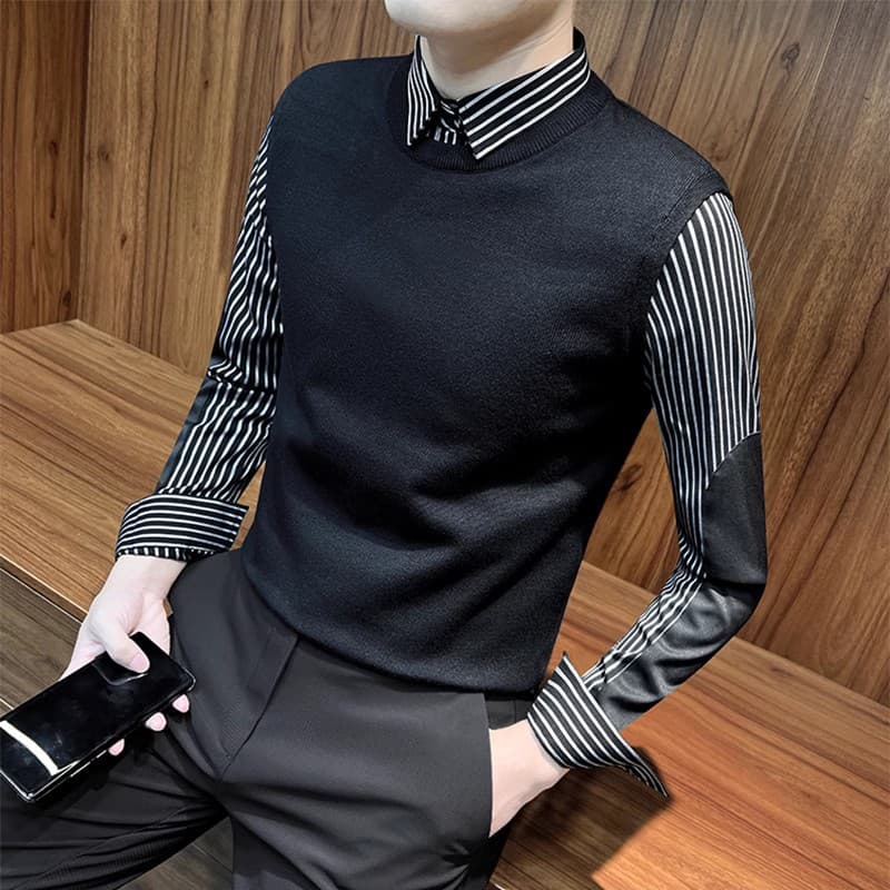 Men's two-piece sweater with shirt collar, new spring and autumn style, striped knitwear, Korean style, slim fit, trendy top and jacket.