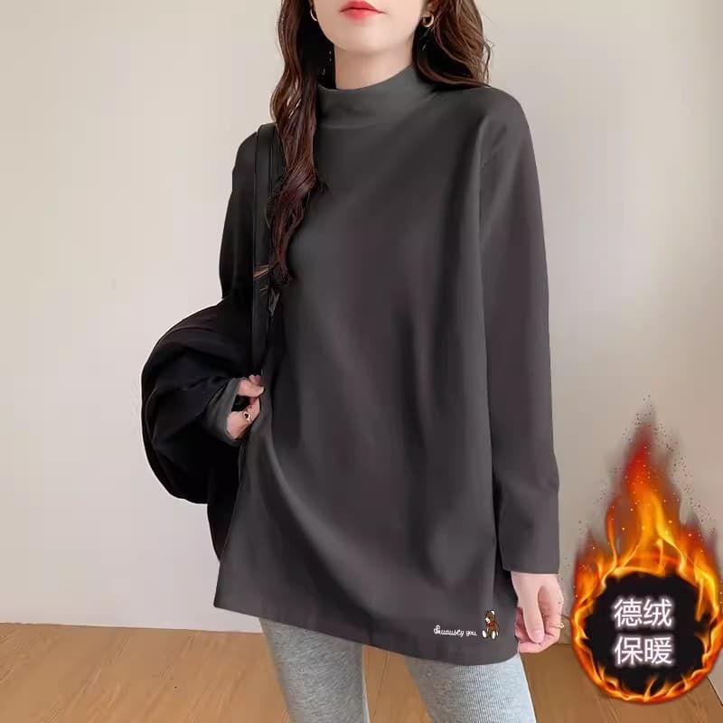 Brushed De-wool Half Turtleneck T-Shirt for Women Long Sleeve Base Layer Mid-Length Loose Stylish Inner Wear Warm Versatile Top