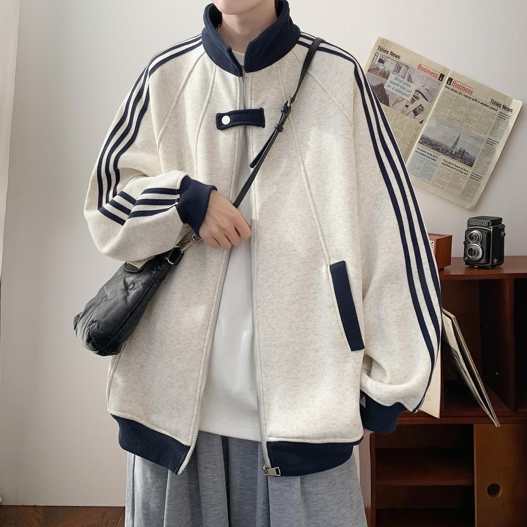 American High Street Sport Stripe Sweatshirt Jacket for Men, Autumn and Winter Color Block Loose Versatile Baseball Jacket Top, Cross-border
