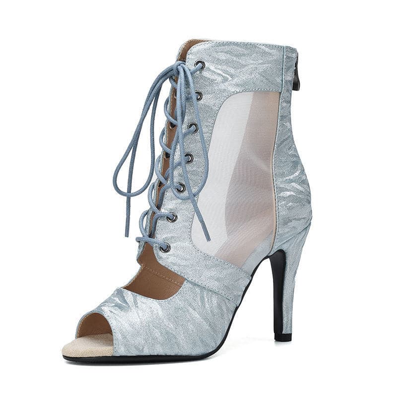 Purple Flowing Mesh Jazz Dance Peep-Toe High Heels Dance Shoes Fine Sparkle Satin Pearl Short Boots