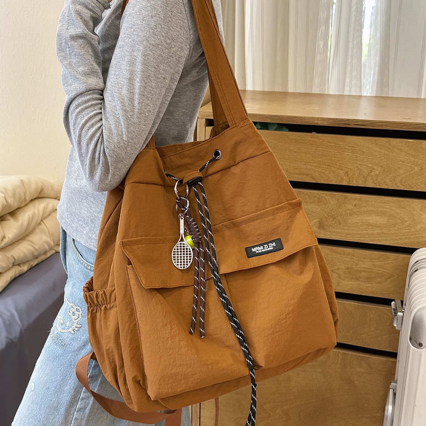 Cross-Border Large Japanese-Style Simple Cloth Bag, Large Capacity Workwear Style Drawstring Bucket Backpack, Multifunctional Backpack for Women
