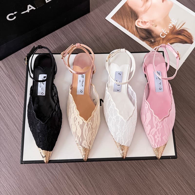 Trending High Version 2026 Spring/Summer New JC Lace High Heels Women Open Back Pointed Toe Thin Heel Mesh High Heel Sandals