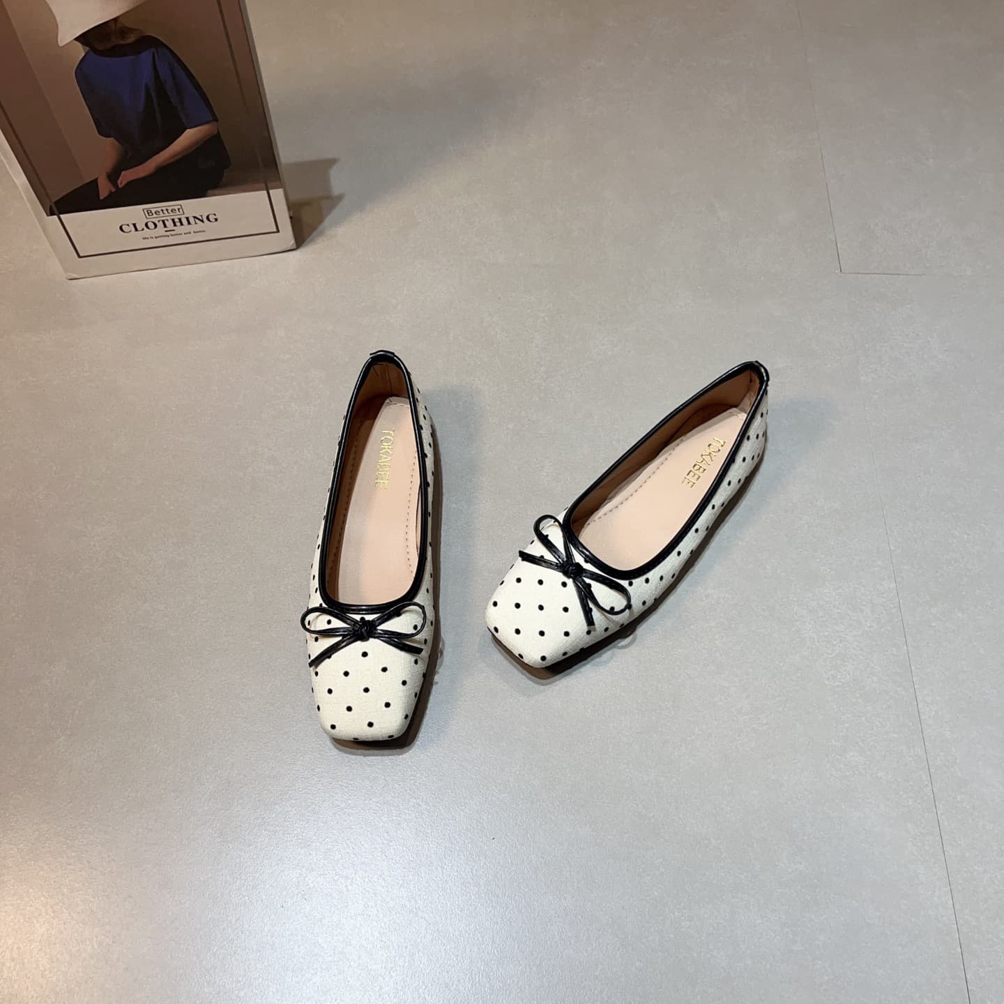 French Fashion Bow Polka Dot Fabric Ballet Flats for Women, New Spring Summer Square Toe Flat Shoes to Match Dresses
