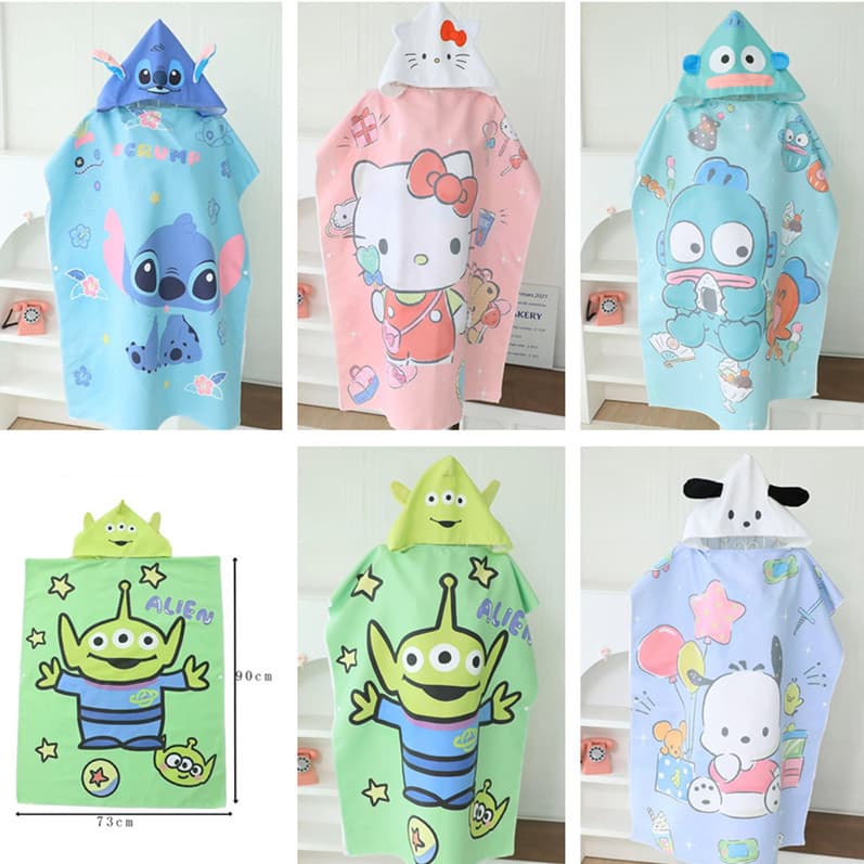 Cute Hooded Bath Towel Kids Poncho Wearable Quick-Dry Bathrobe Swimming Beach Towel Large Wrap