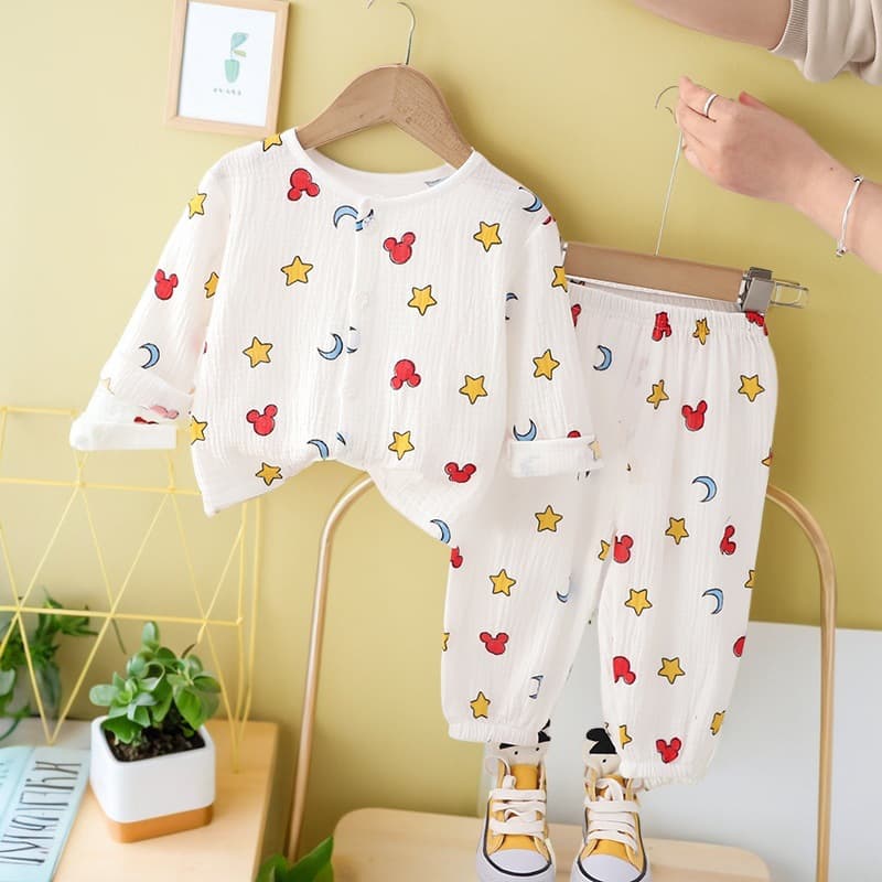 Summer New Pure Cotton Double-Layer Gauze Homewear Pajamas Boys A-Class Soft Pajamas Girls Two-Piece Set Wearable Outside