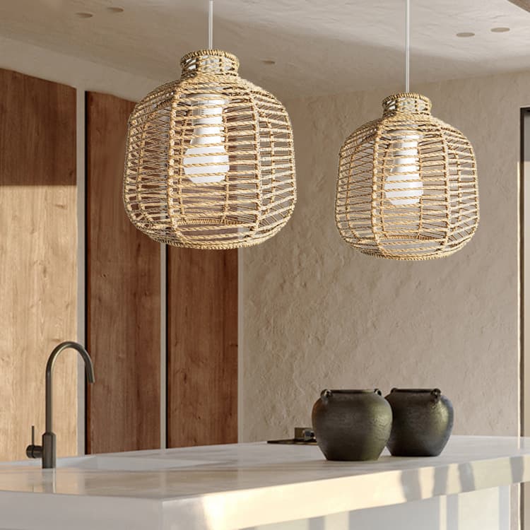 New Chinese Style Handwoven Lampshade Paper Cord Pendant Light, Zen Living Room Sofa Bedside Lamp