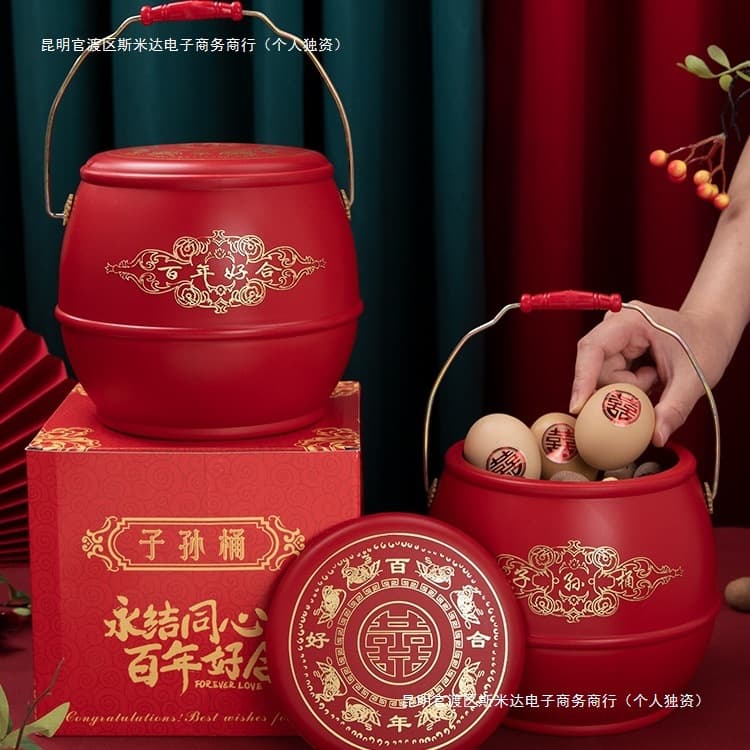 Wedding descendant bucket happiness bucket for the bride's dowry, small red bucket wedding departure complete wedding supplies