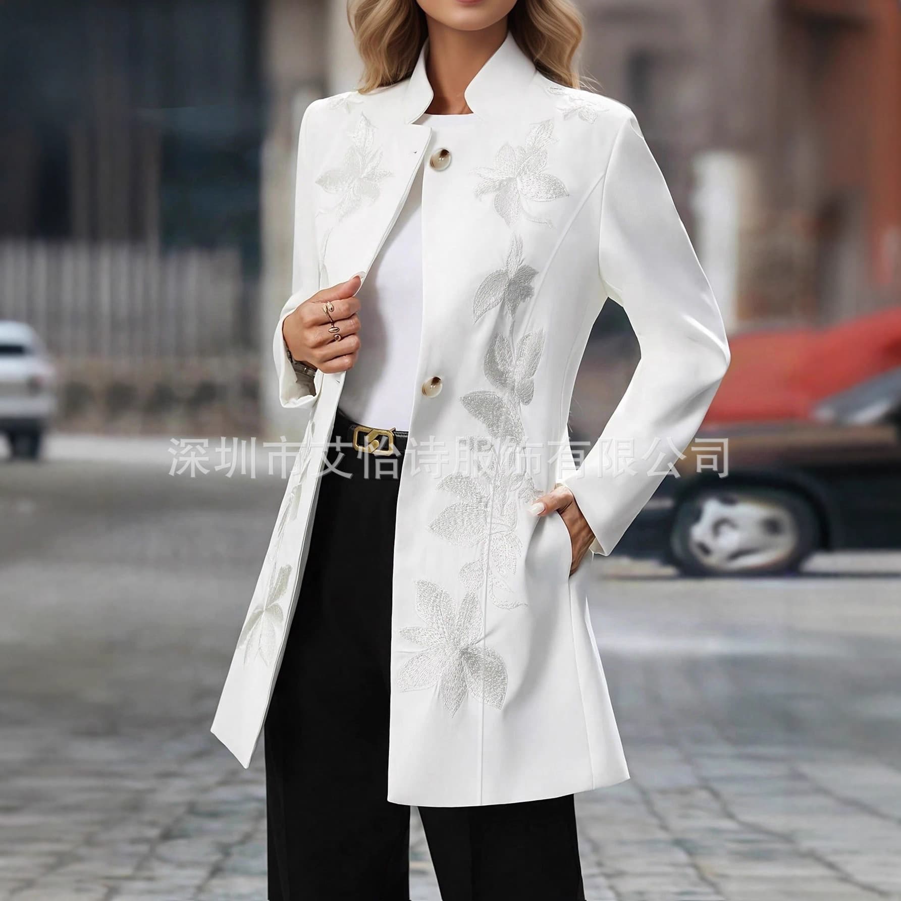 New Stand Collar Embroidered Women's Suit Dress Host Stage Adult Mid-Length Elegant Pocket Blazer