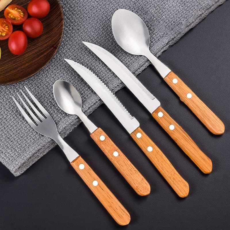 Cross-border hot seller stainless steel Western cutlery set, household steak knife and fork with soup spoon, wooden handle 4-piece set